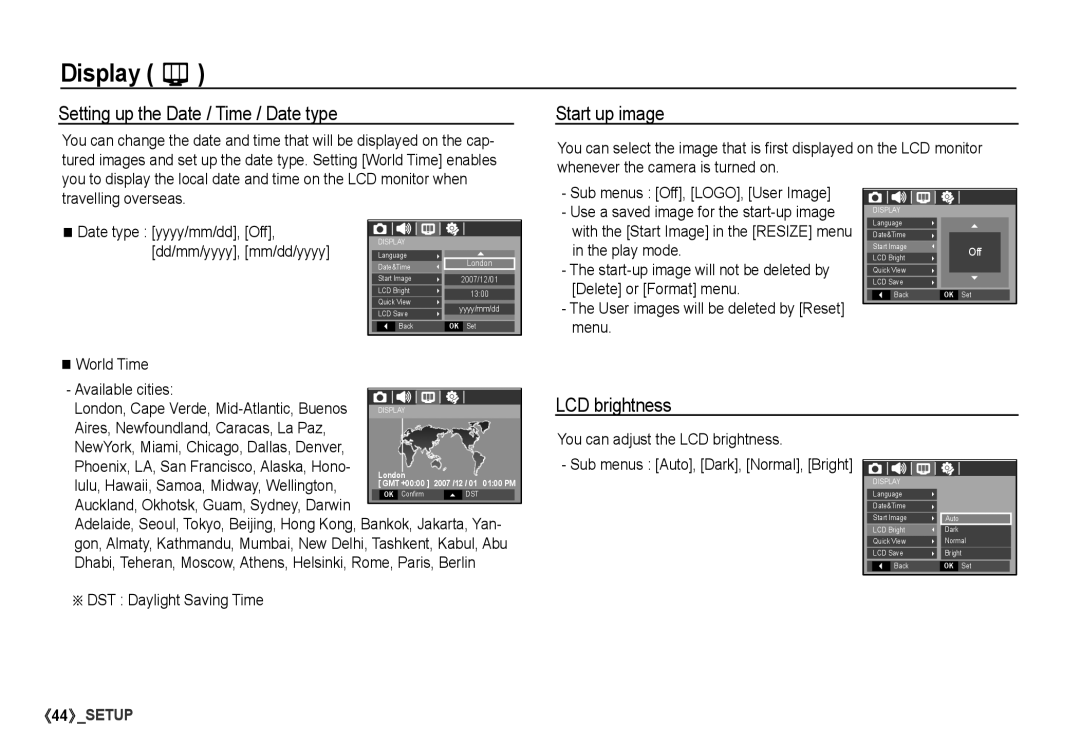 Samsung S860 manual Setting up the Date / Time / Date type, Start up image, LCD brightness 