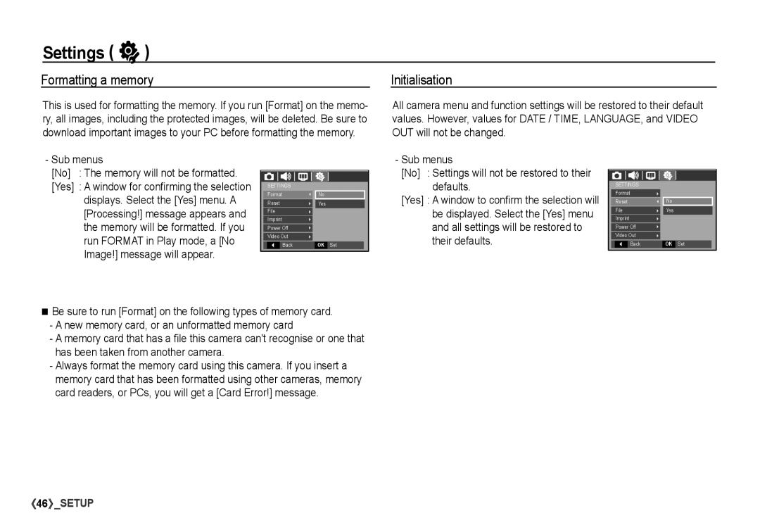 Samsung S860 manual Settings, Formatting a memory, Initialisation, No The memory will not be formatted 