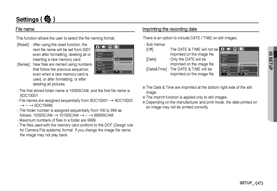 Samsung S860 manual File name Imprinting the recording date, Sub menus Off, Date Only the Date will be 