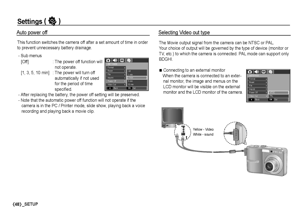 Samsung S860 manual Auto power off, Selecting Video out type, For the period of time, Speciﬁed 