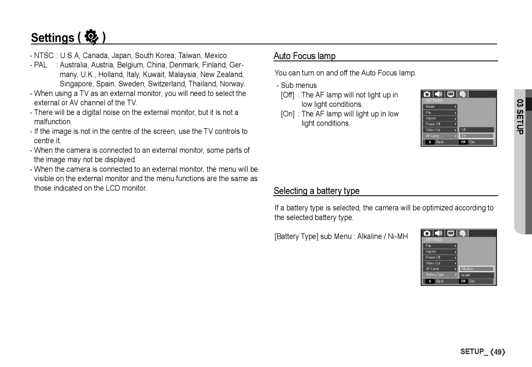 Samsung S860 manual Auto Focus lamp, Selecting a battery type 