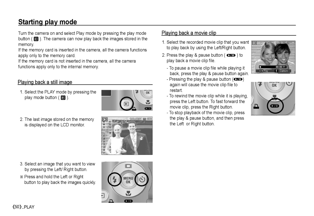 Samsung S860 manual Starting play mode, Playing back a movie clip, Playing back a still image 