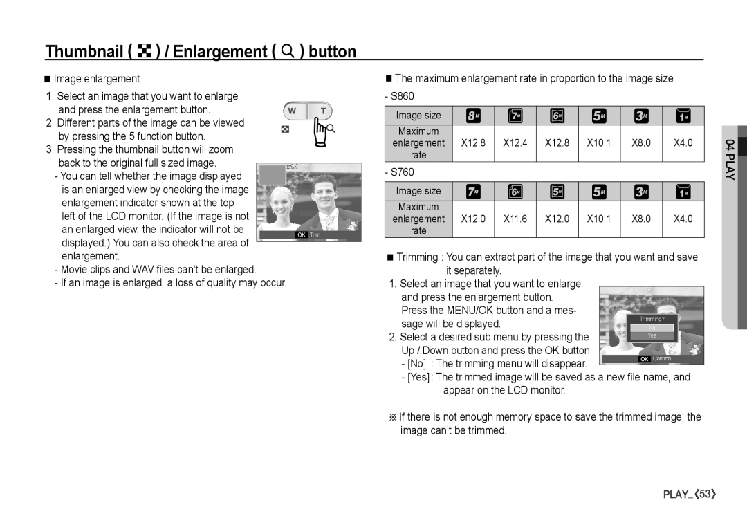 Samsung S860 manual Thumbnail º / Enlargement í button, Image enlargement, Sage will be displayed 