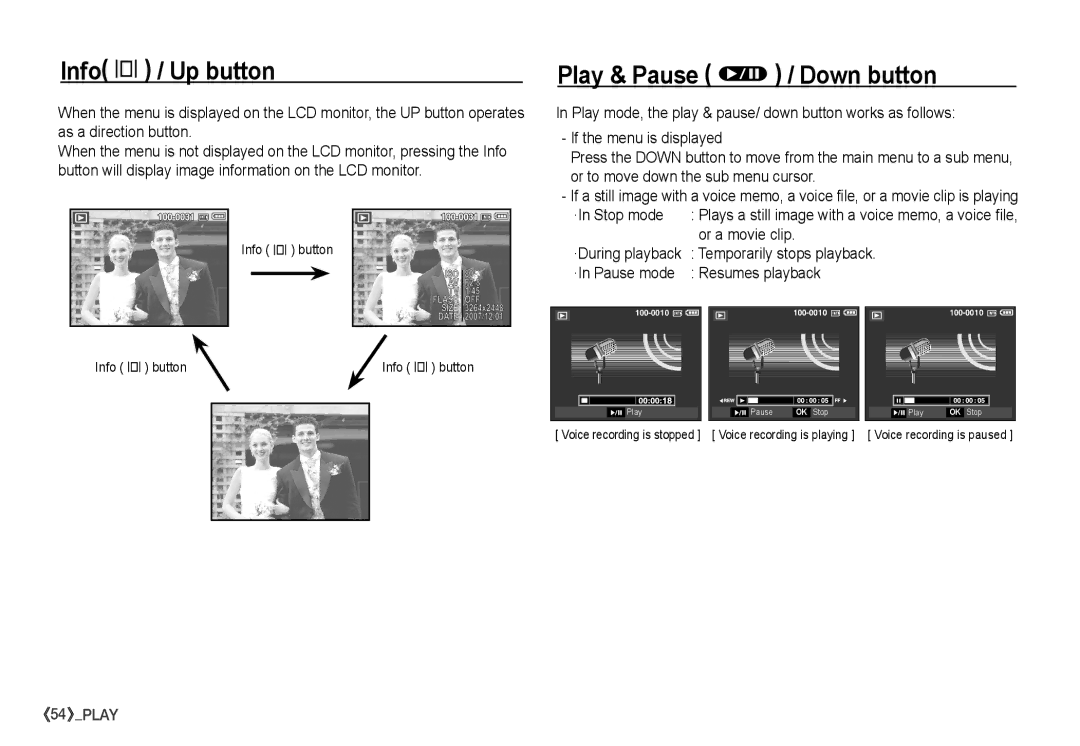 Samsung S860 manual Info î / Up button, Play & Pause Ø / Down button 