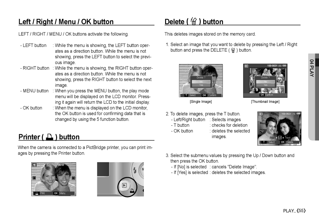 Samsung S860 manual Left / Right / Menu / OK button, Delete Õ button, Printer » button 