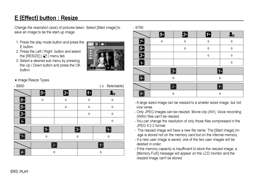 Samsung manual Effect button Resize, Image Resize Types S860 