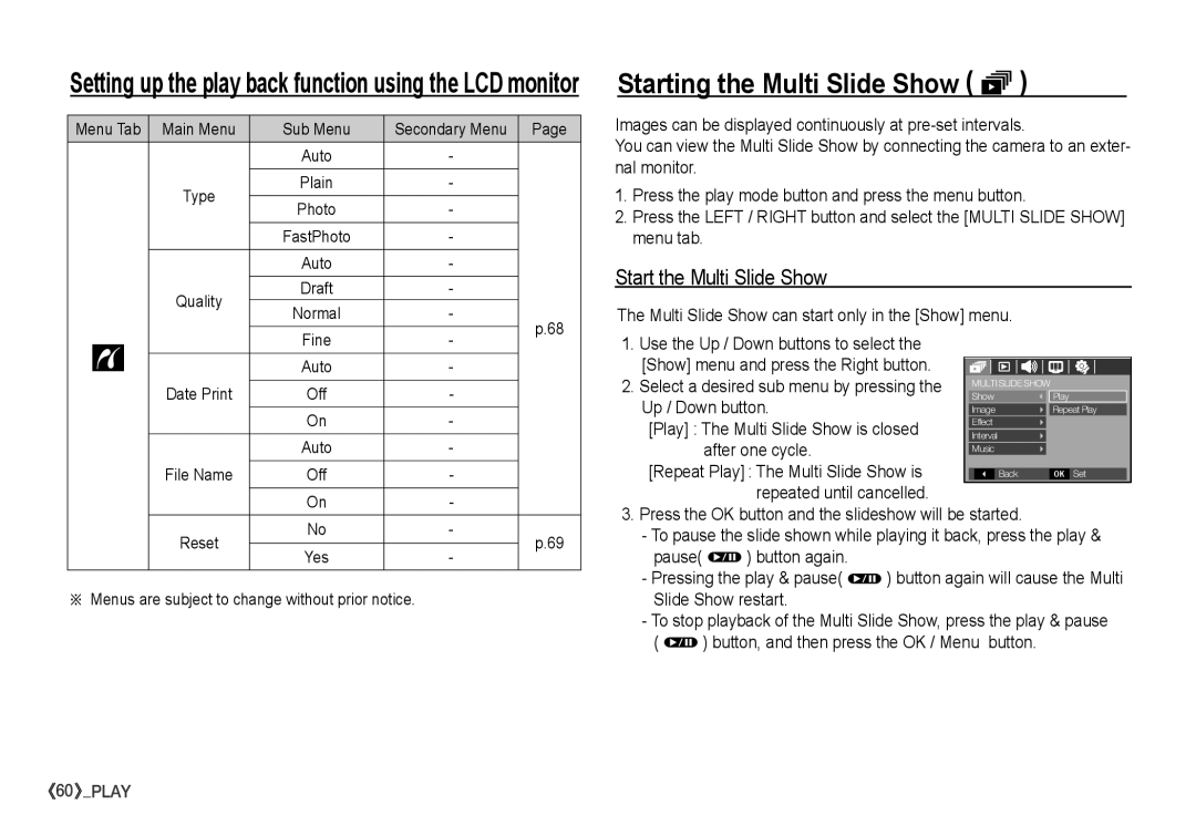 Samsung S860 manual Starting the Multi Slide Show ❸, Start the Multi Slide Show, Up / Down button, After one cycle 