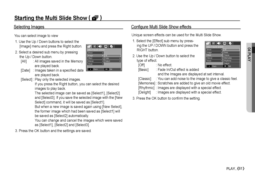 Samsung S860 manual Selecting Images Configure Multi Slide Show effects 