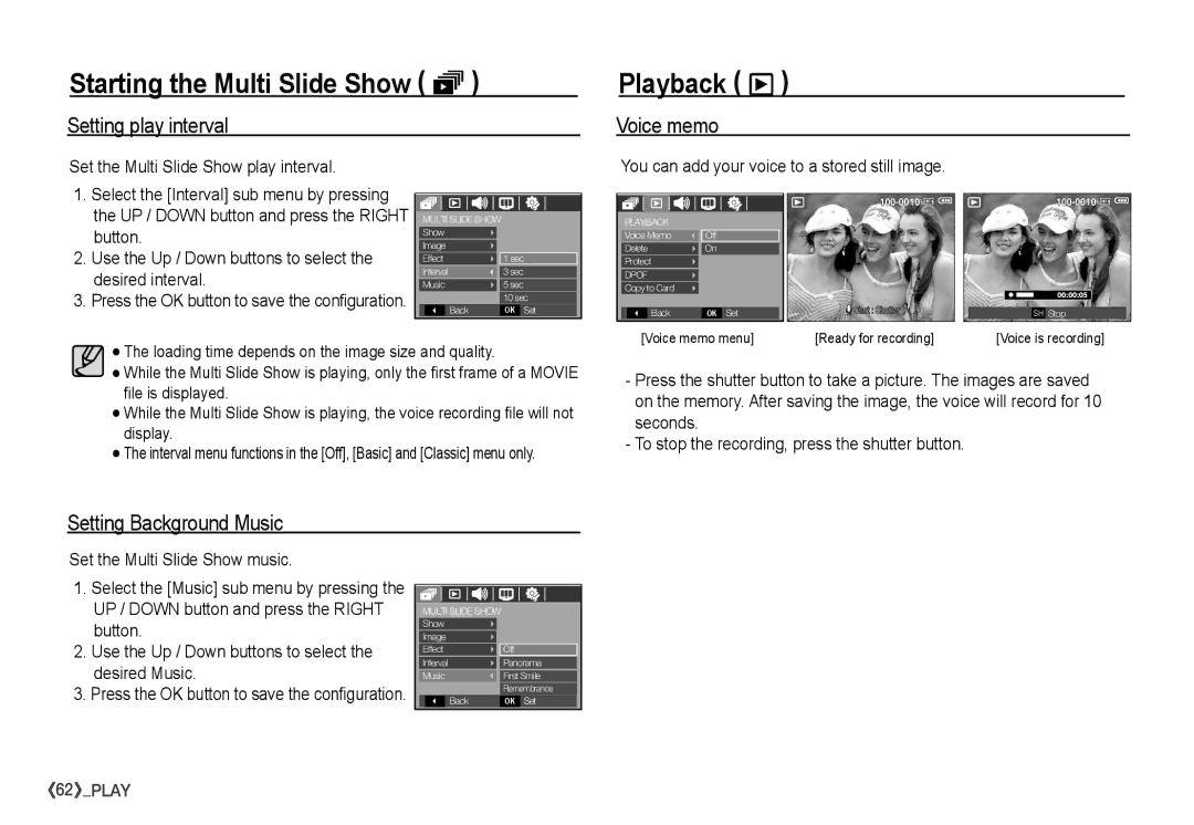 Samsung S860 manual Playback ø, Setting play interval, Voice memo, Setting Background Music 