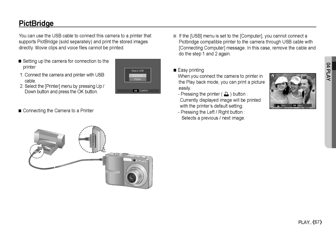 Samsung S860 manual PictBridge, Connecting the Camera to a Printer 