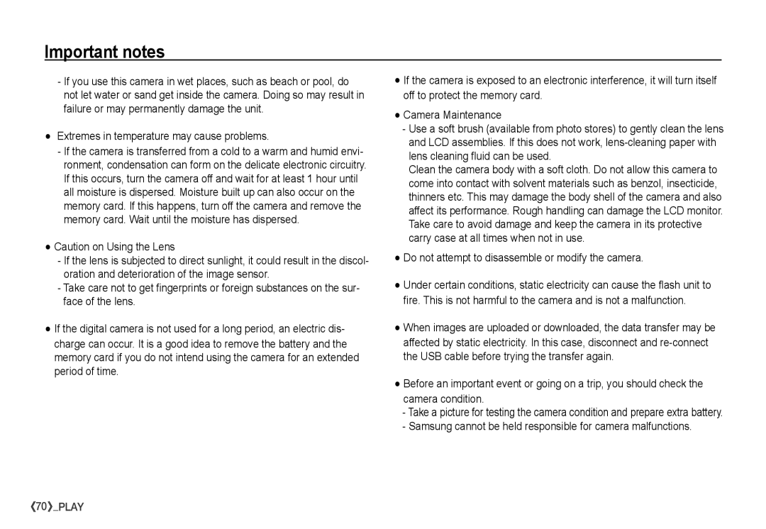 Samsung S860 manual Extremes in temperature may cause problems, Do not attempt to disassemble or modify the camera 