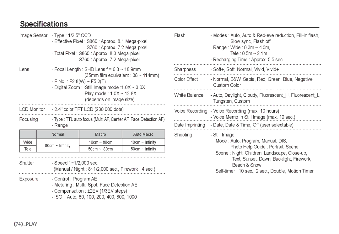 Samsung S860 manual Specifications 