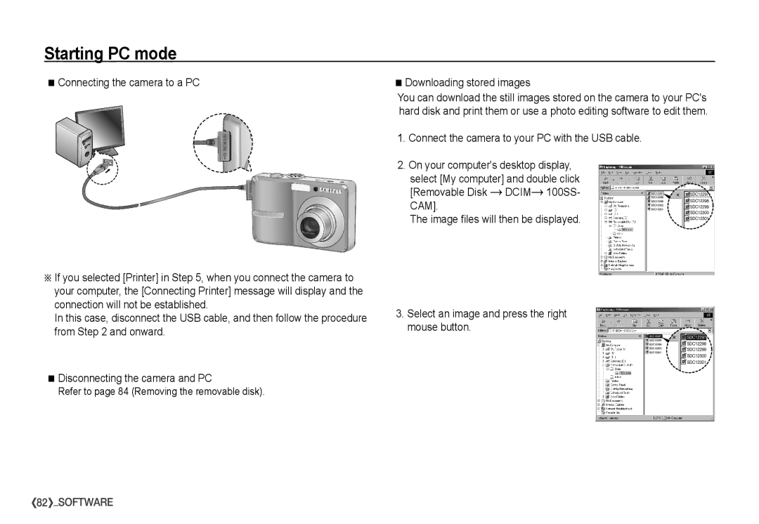 Samsung S860 Connecting the camera to a PC, Downloading stored images, Connect the camera to your PC with the USB cable 