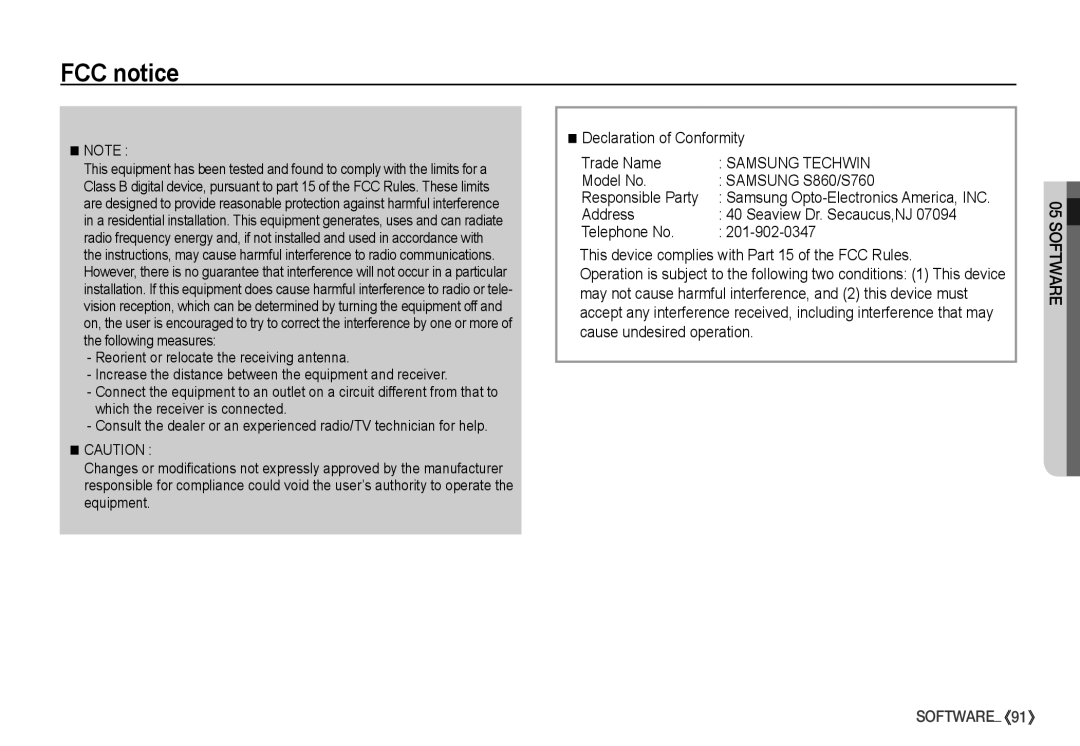 Samsung FCC notice, Declaration of Conformity Trade Name, Model No Samsung S860/S760, Address Seaview Dr. Secaucus,NJ 