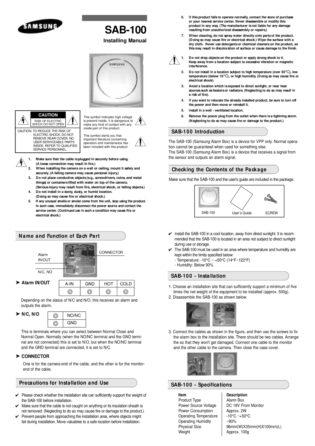 Samsung SAB-100/W manual SAB-100 Introduction, Checking the Contents of the Package, Name and Function of Each Part 