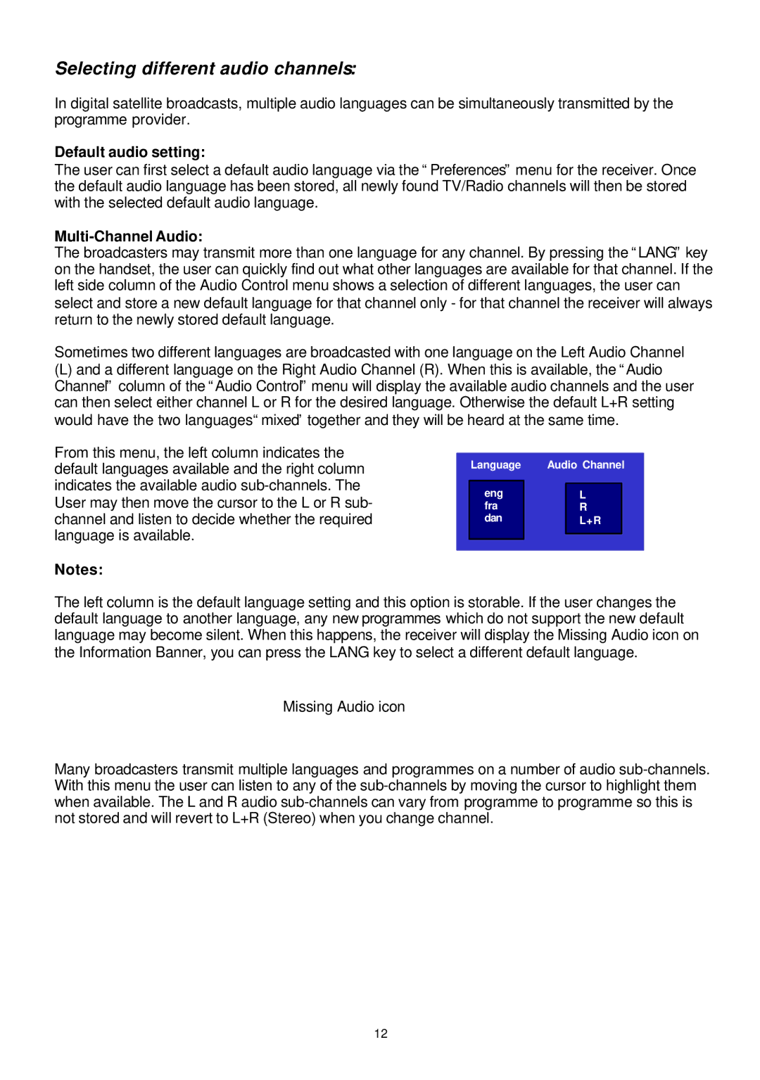 Samsung SADPCI-202 instruction manual Selecting different audio channels, Default audio setting, Multi-Channel Audio 