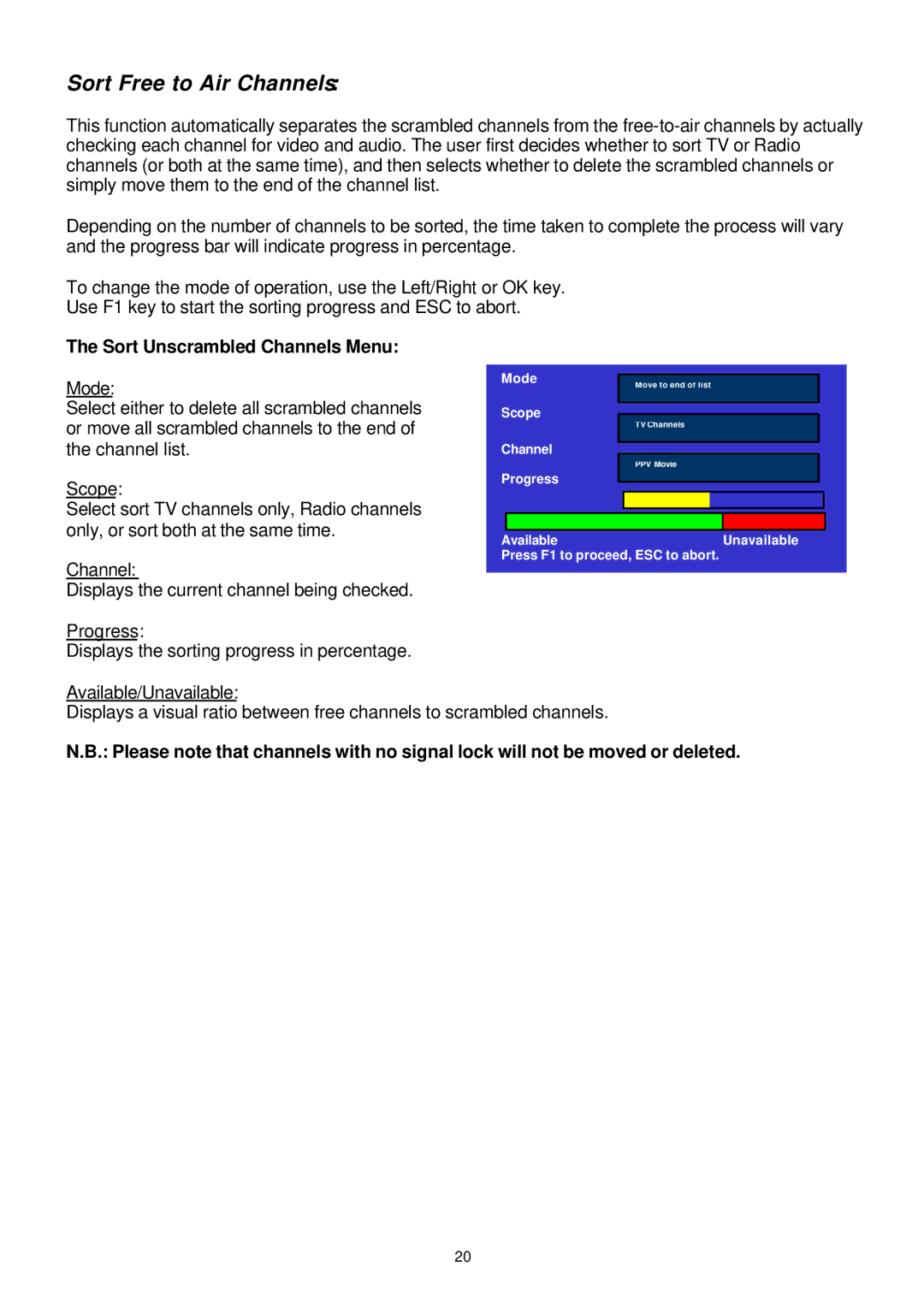 Samsung SADPCI-202 instruction manual Sort Free to Air Channels, Sort Unscrambled Channels Menu 