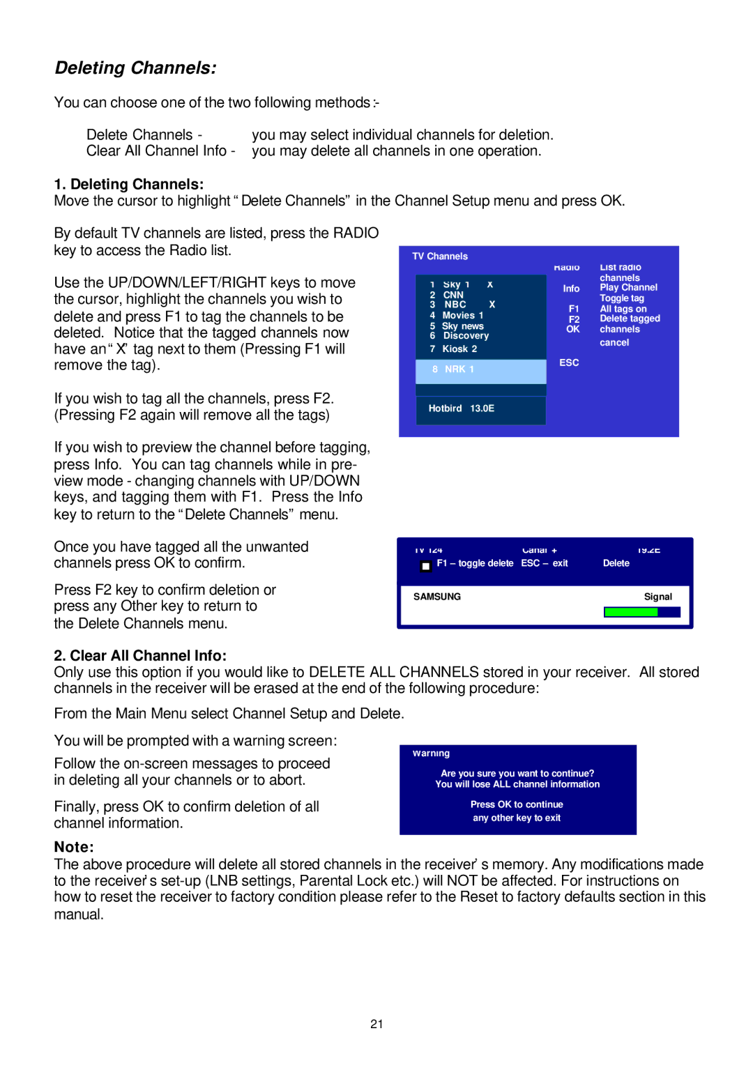 Samsung SADPCI-202 instruction manual Deleting Channels, Clear All Channel Info 