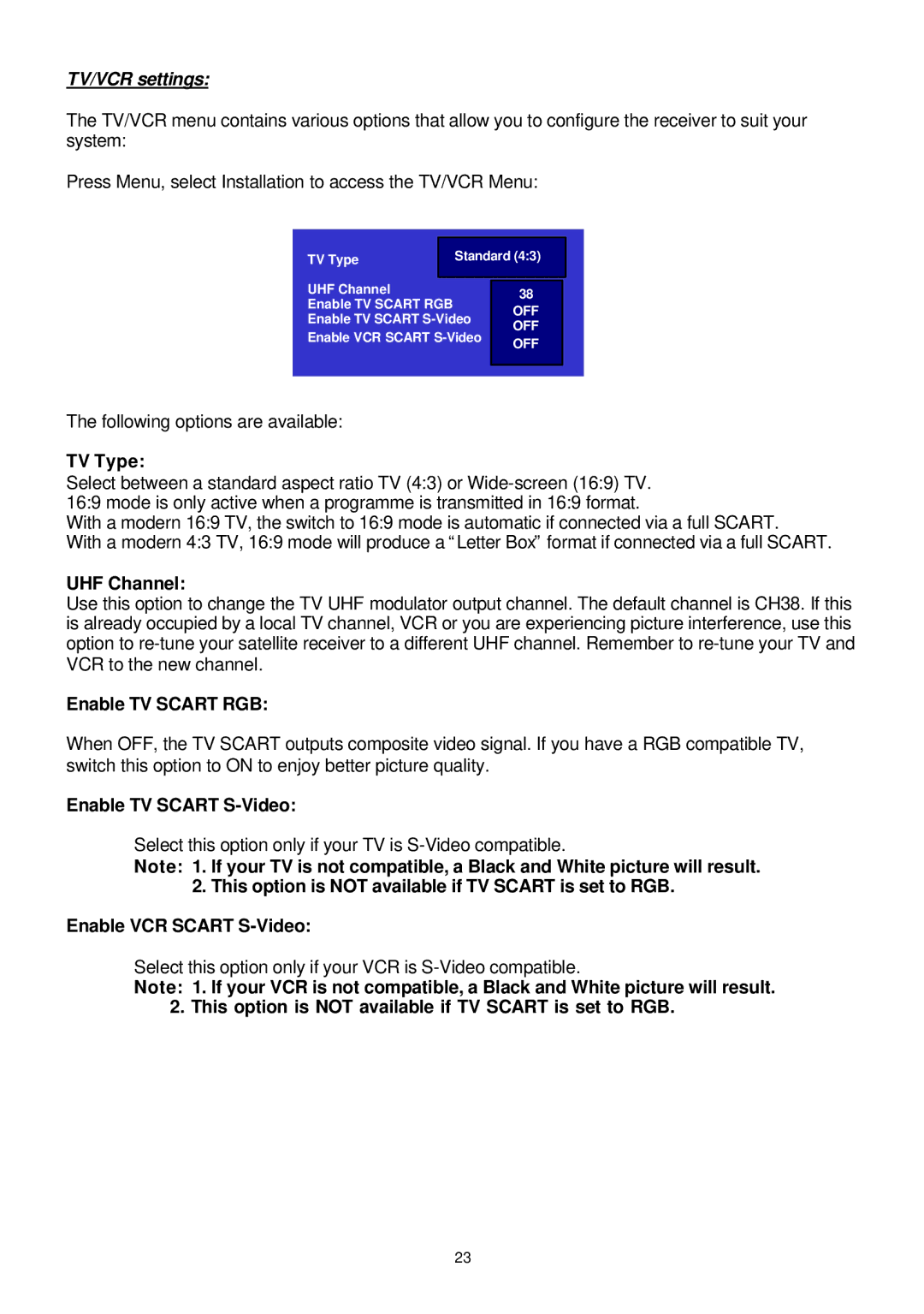 Samsung SADPCI-202 instruction manual TV Type, UHF Channel, Enable TV Scart RGB, Enable TV Scart S-Video 