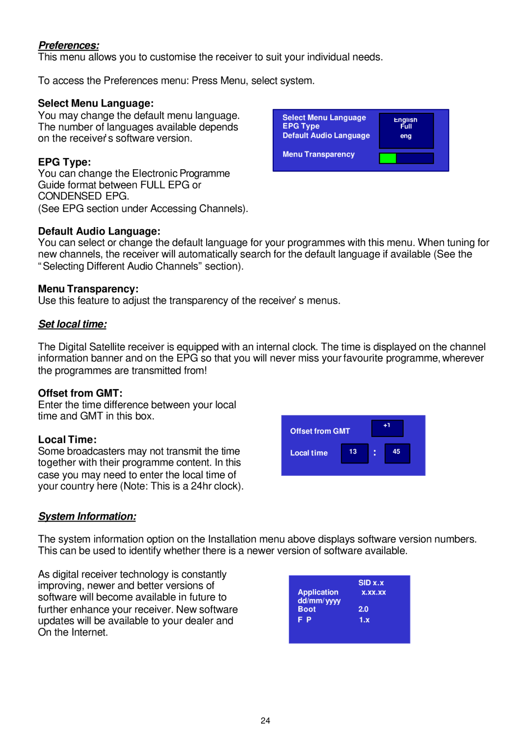 Samsung SADPCI-202 Select Menu Language, EPG Type, Default Audio Language, Menu Transparency, Offset from GMT, Local Time 