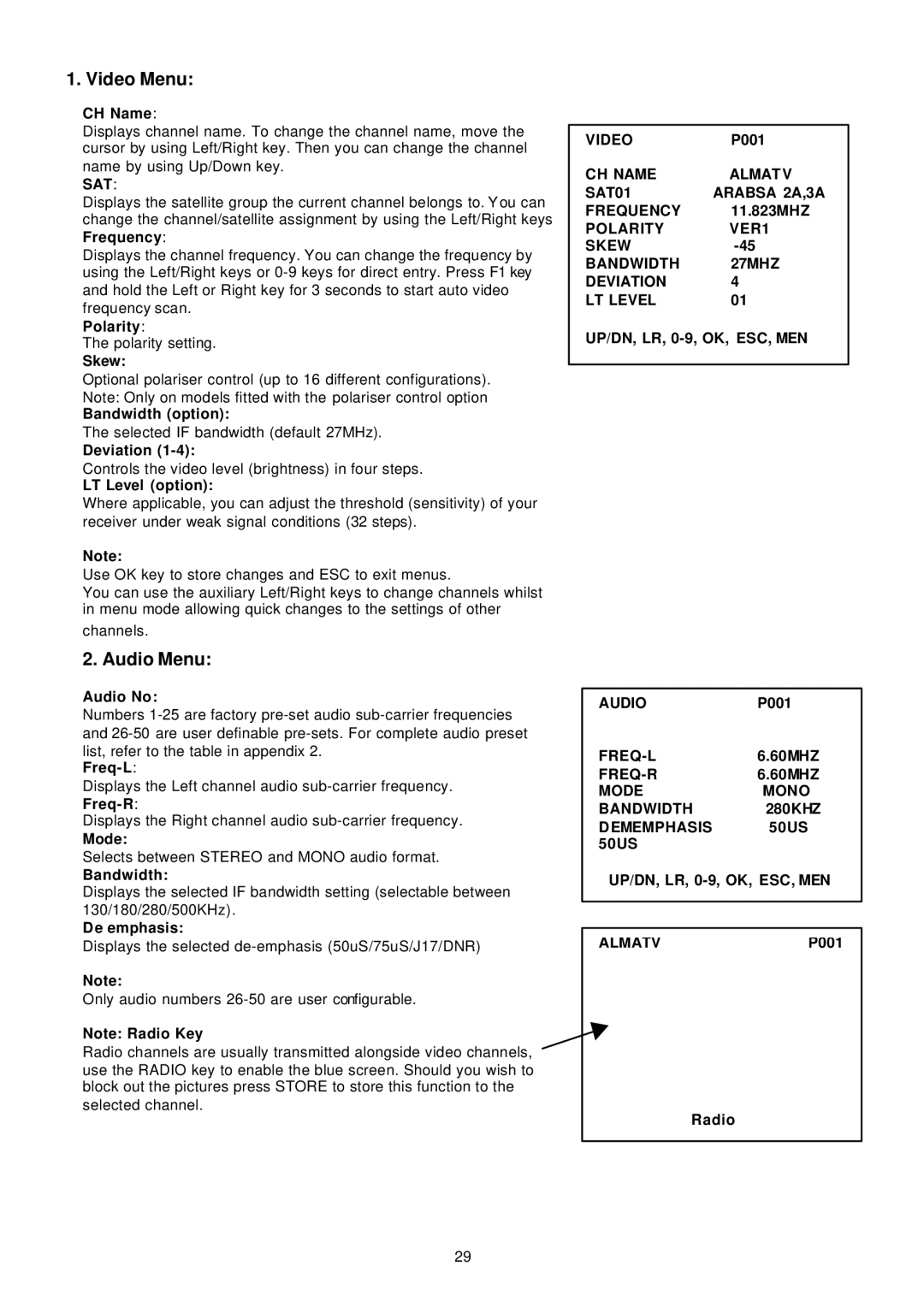 Samsung SADPCI-202 instruction manual Video Menu, Audio Menu 