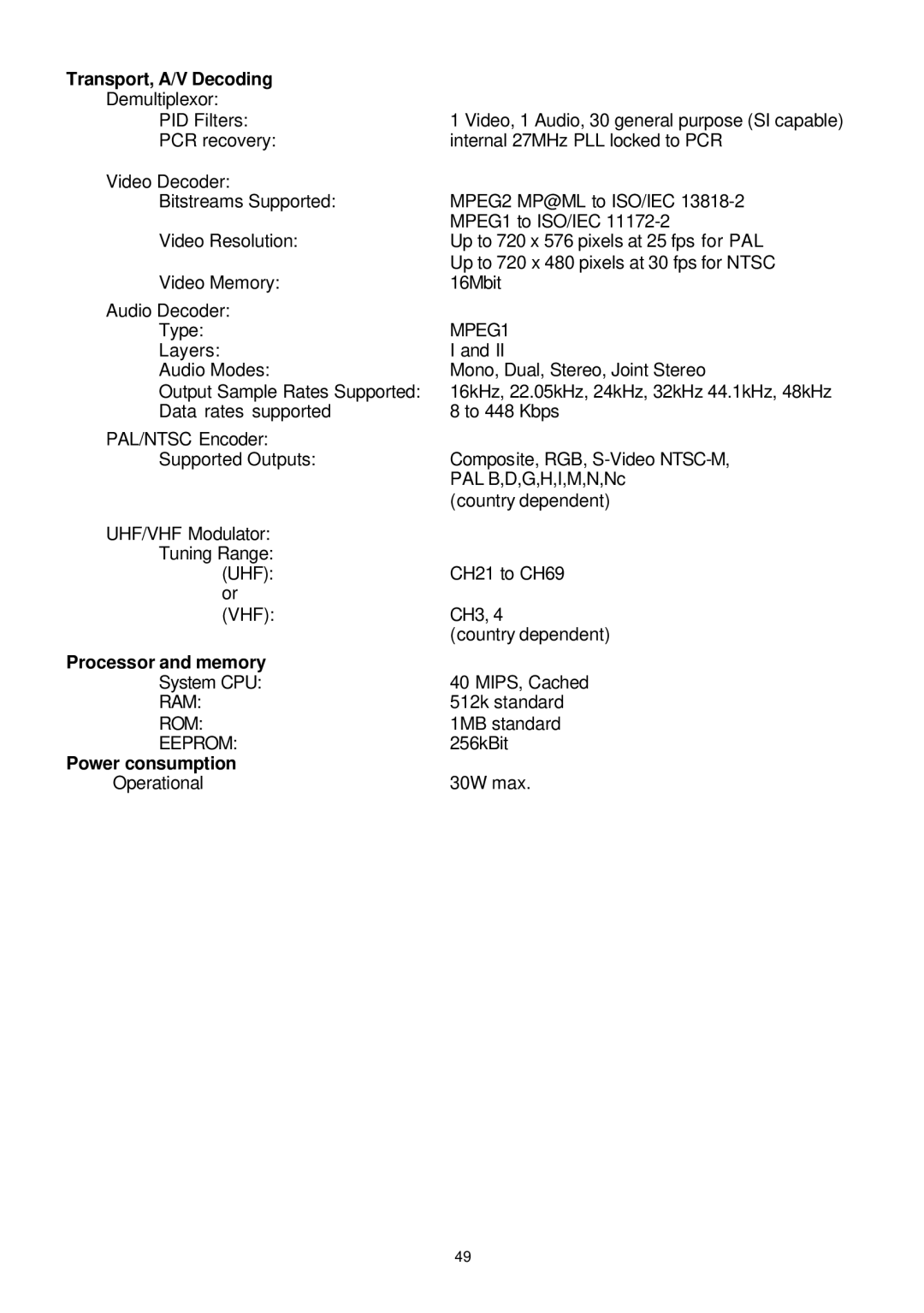 Samsung SADPCI-202 instruction manual Transport, A/V Decoding, Processor and memory, Power consumption 