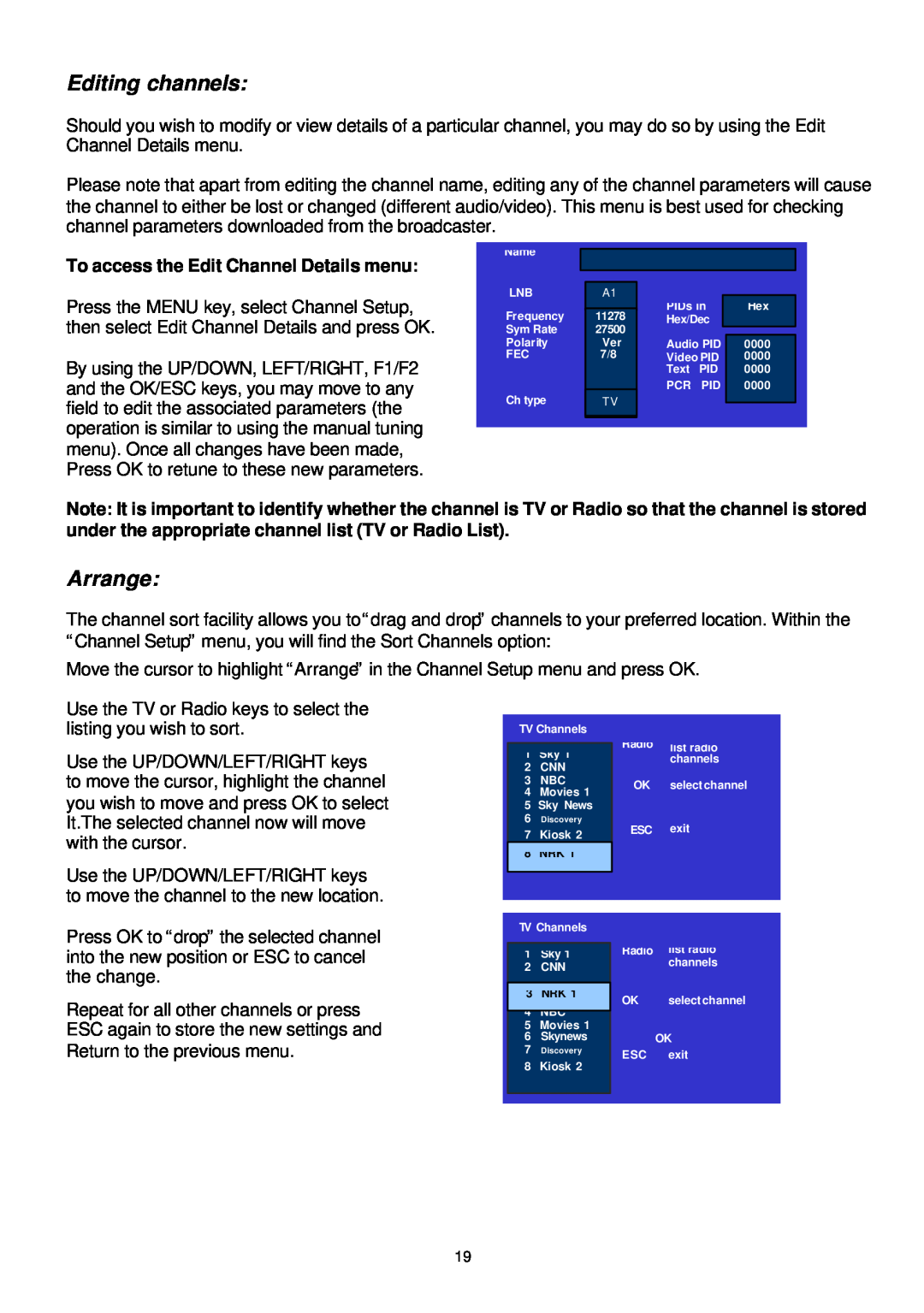 Samsung SADPCI-202 instruction manual Editing channels, Arrange, To access the Edit Channel Details menu 