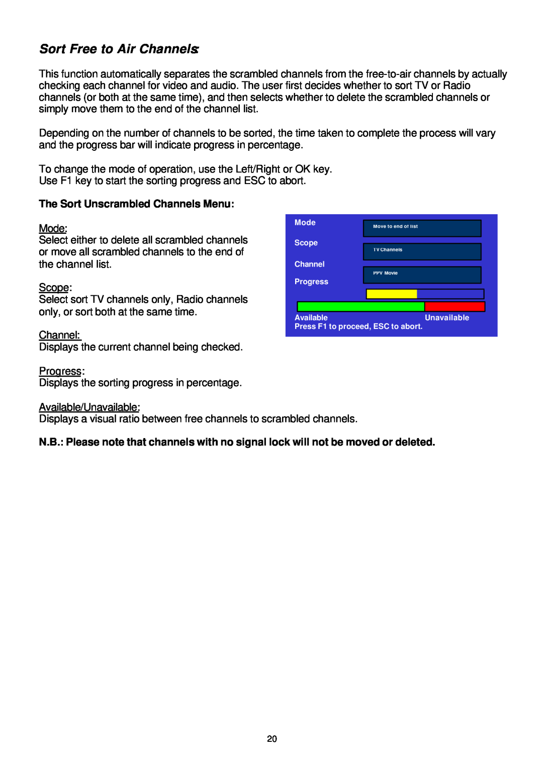 Samsung SADPCI-202 instruction manual Sort Free to Air Channels, The Sort Unscrambled Channels Menu 