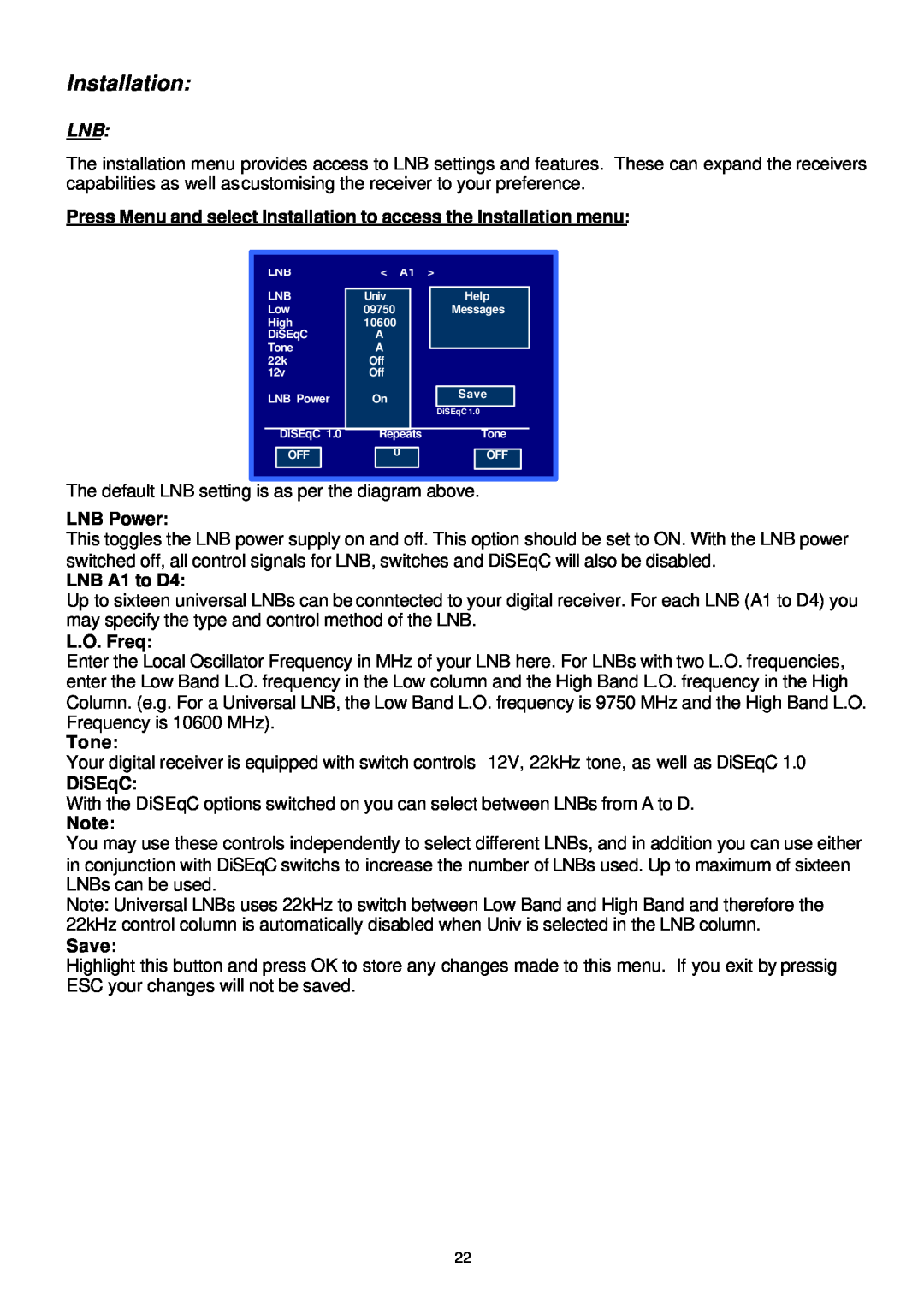 Samsung SADPCI-202 instruction manual Installation, LNB Power, LNB A1 to D4, L.O. Freq, Tone, DiSEqC, Save 