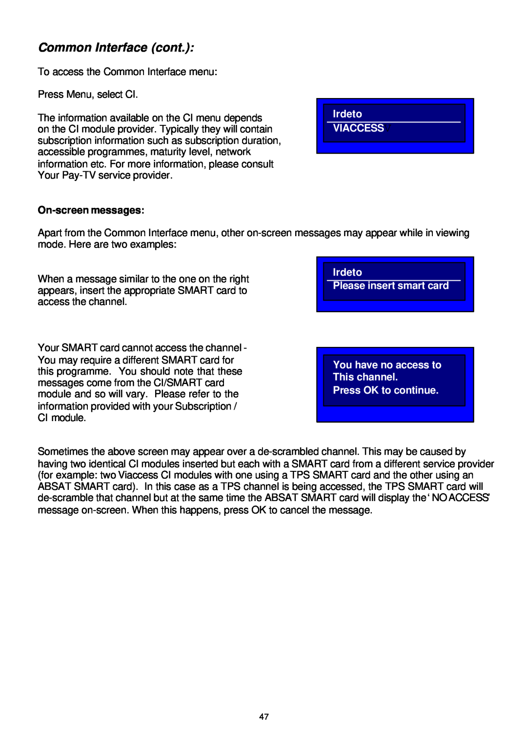 Samsung SADPCI-202 instruction manual Common Interface cont, On-screenmessages 