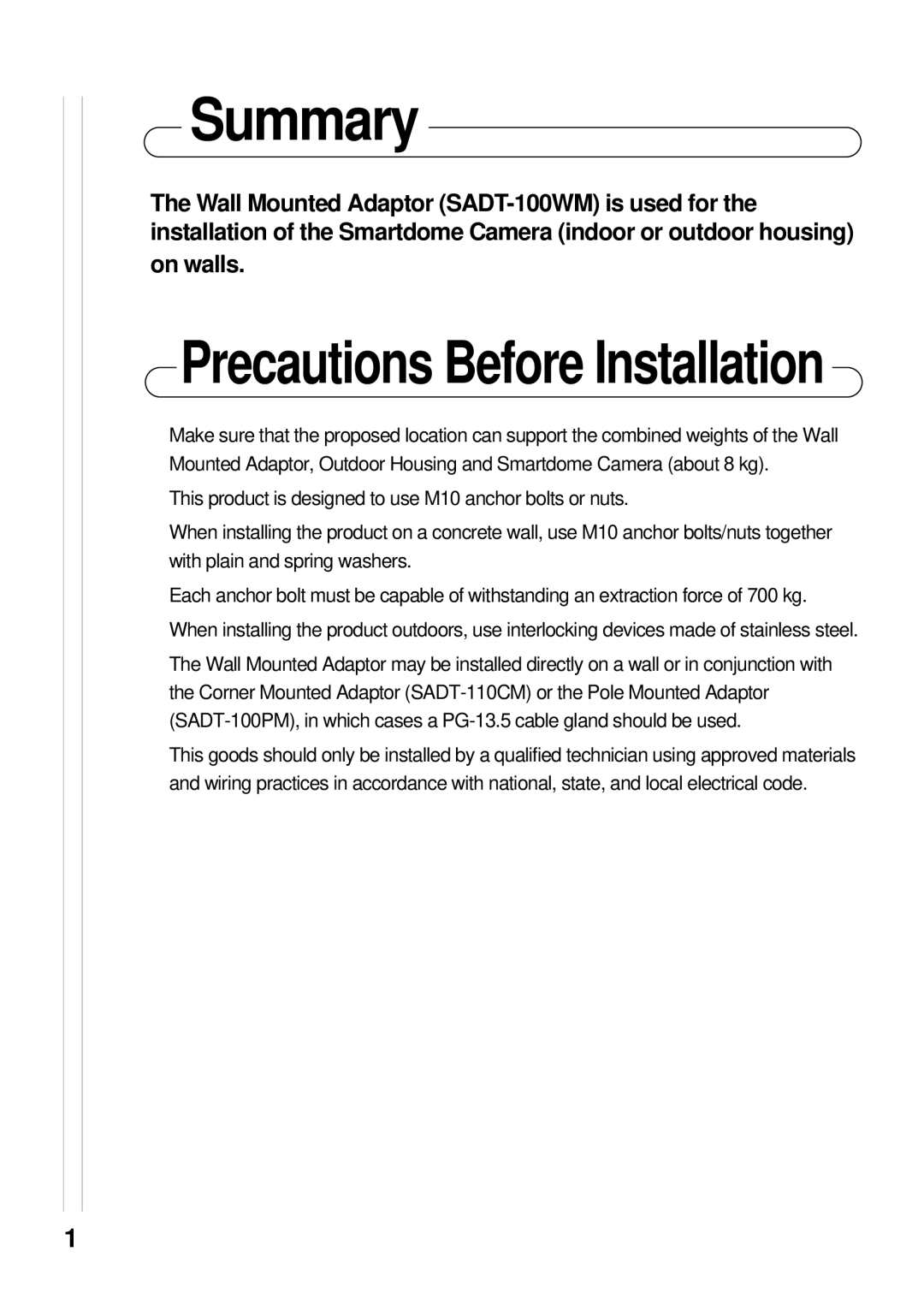 Samsung SADT-101WM manual Summary, Precautions Before Installation 