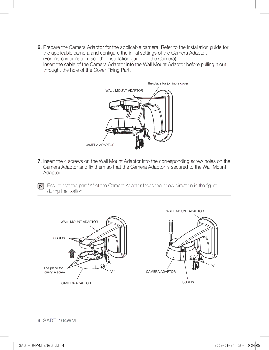 Samsung SADT-104WM manual Wall Mount Adaptor Camera Adaptor 