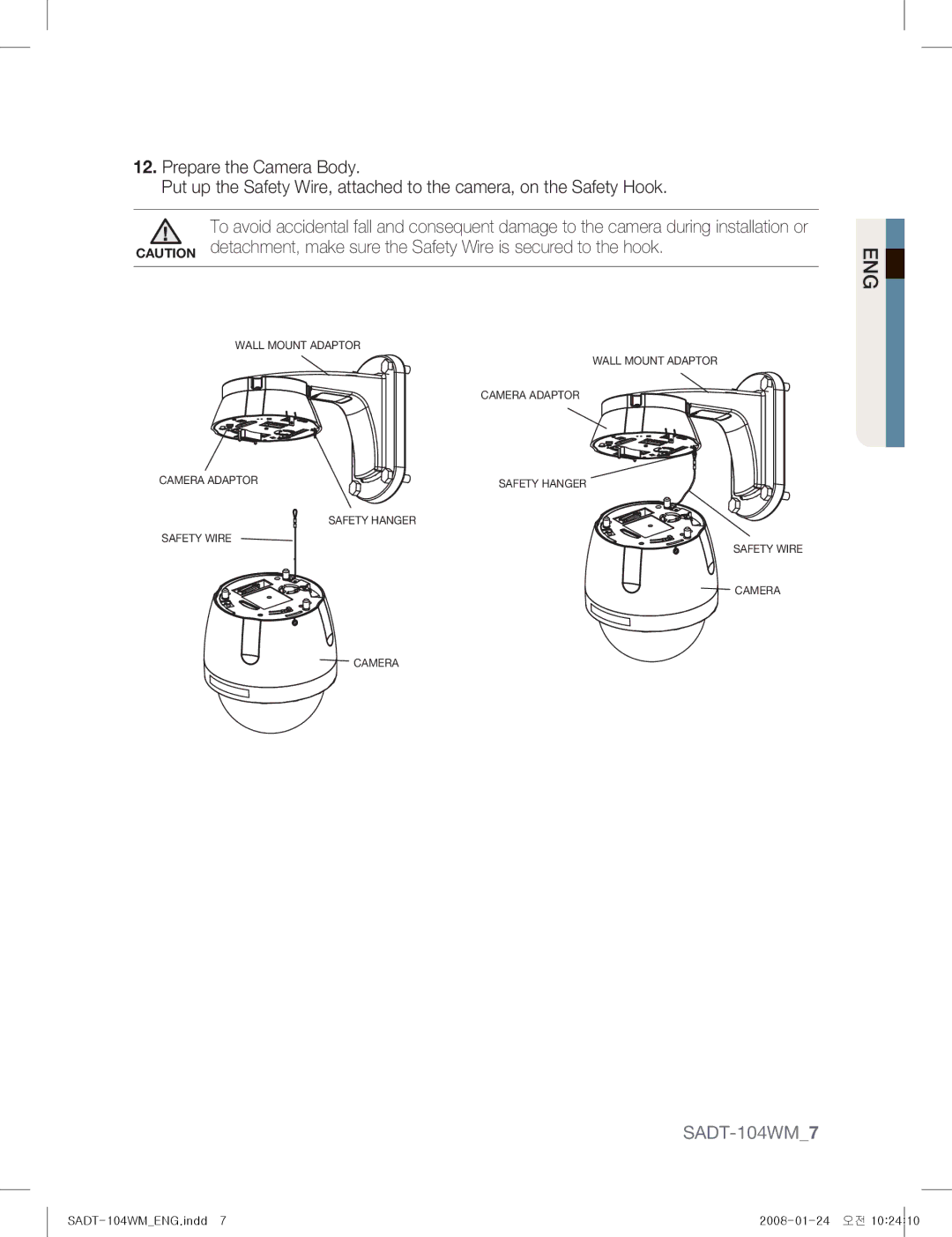 Samsung SADT-104WM manual Wall Mount Adaptor Camera Adaptor Safety Hanger Safety Wire 