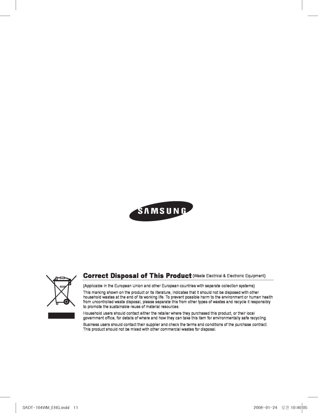 Samsung SADT-104WM manual Correct Disposal of This Product Waste Electrical & Electronic Equipment 