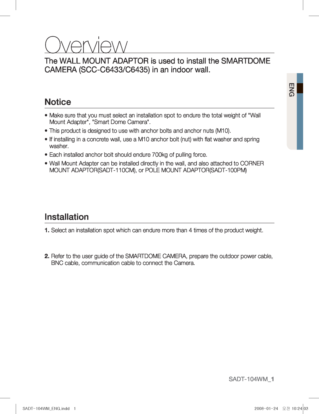 Samsung manual Installation, SADT-104WM, Overview 