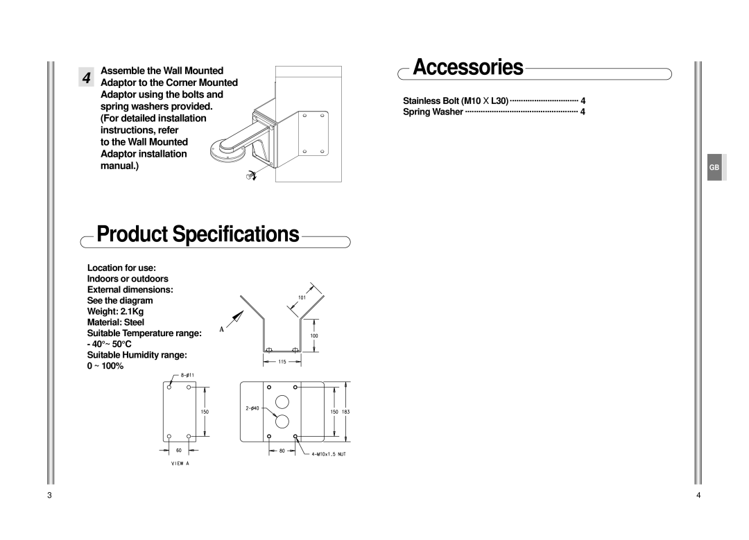 Samsung Sadt-110cm Product Specifications, Accessories, Assemble the Wall Mounted Adaptor to the Corner Mounted 