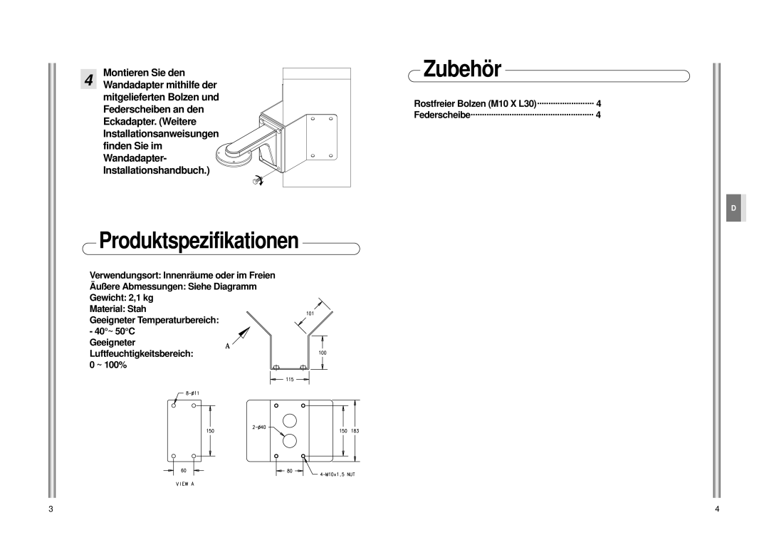 Samsung Sadt-110cm installation manual Produktspezifikationen, Zubehör, Montieren Sie den 