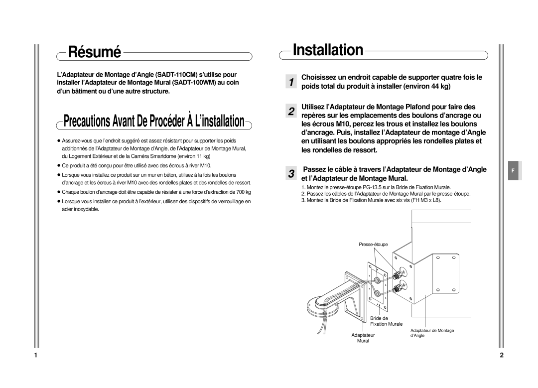 Samsung Sadt-110cm installation manual Résumé, Poids total du produit à installer environ 44 kg, Les rondelles de ressort 