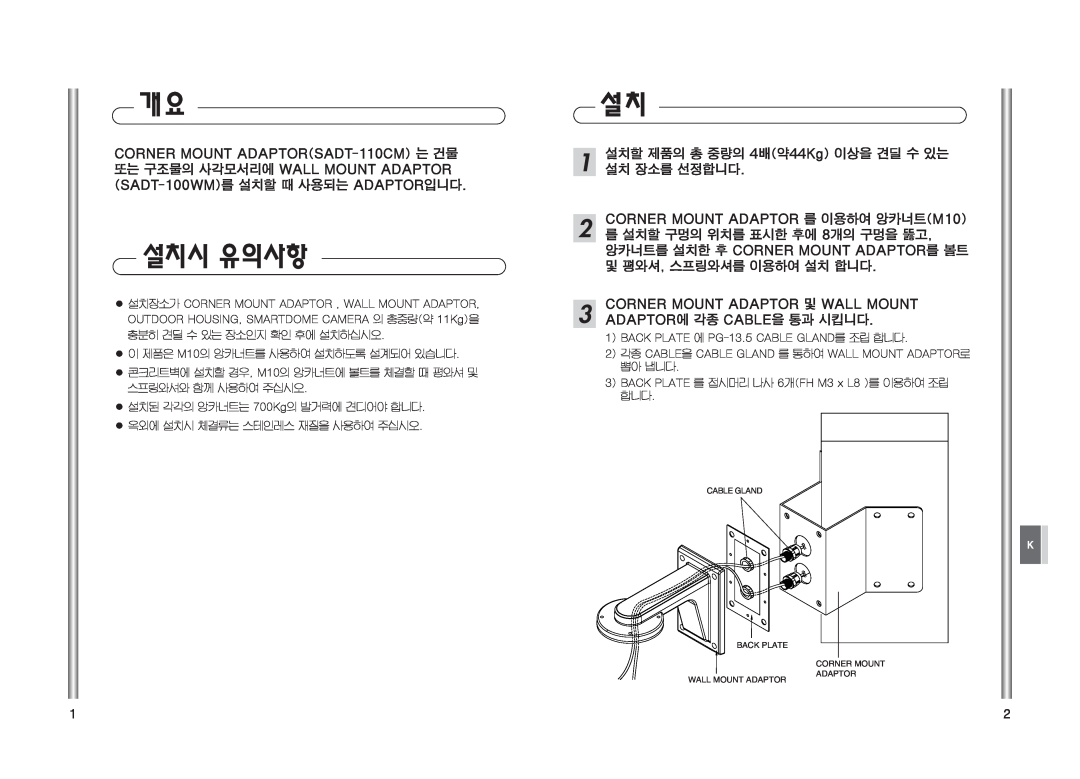 Samsung Sadt-110cm installation manual Cable Gland, Back Plate Corner Mount Adaptor, Wall Mount Adaptor 