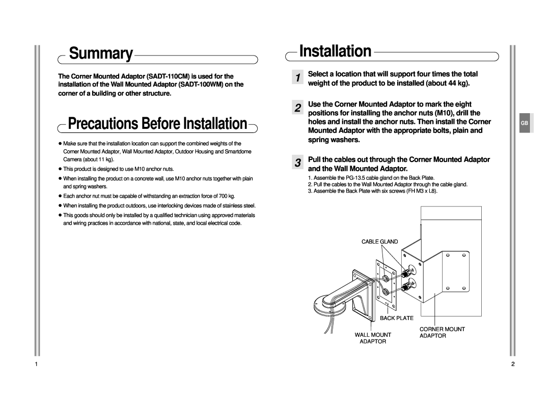 Samsung Sadt-110cm Summary, Precautions Before Installation, weight of the product to be installed about 44 kg 