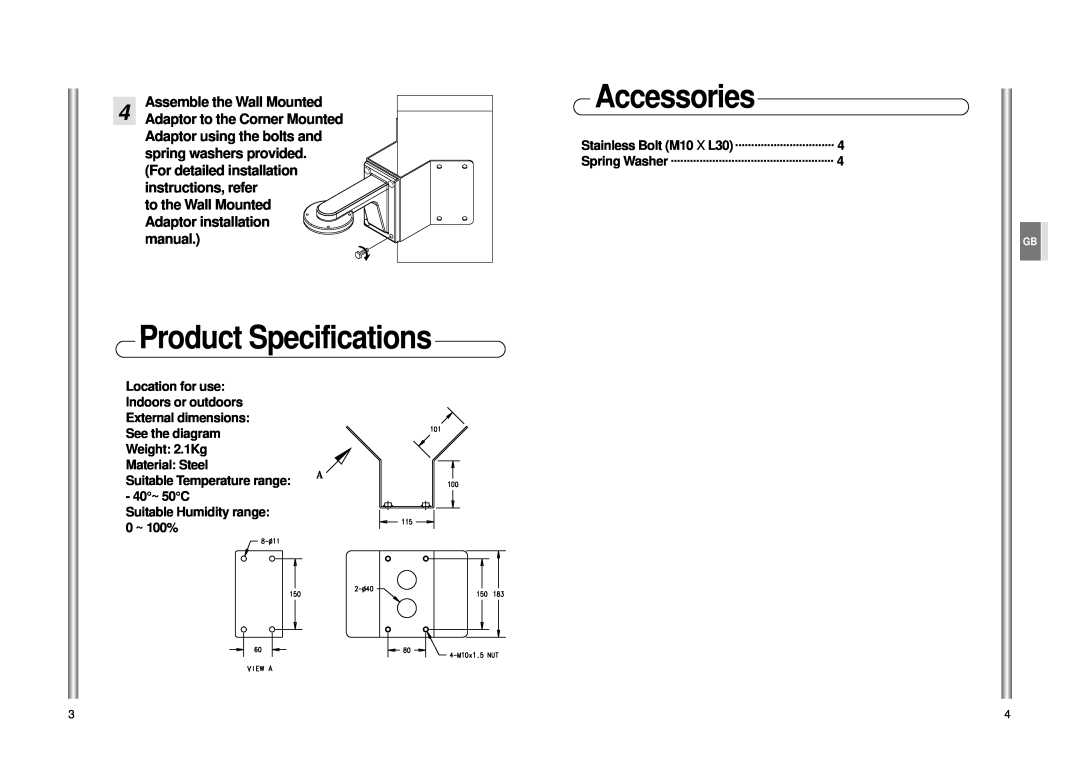 Samsung Sadt-110cm Product Specifications, Accessories, Assemble the Wall Mounted, Adaptor to the Corner Mounted 