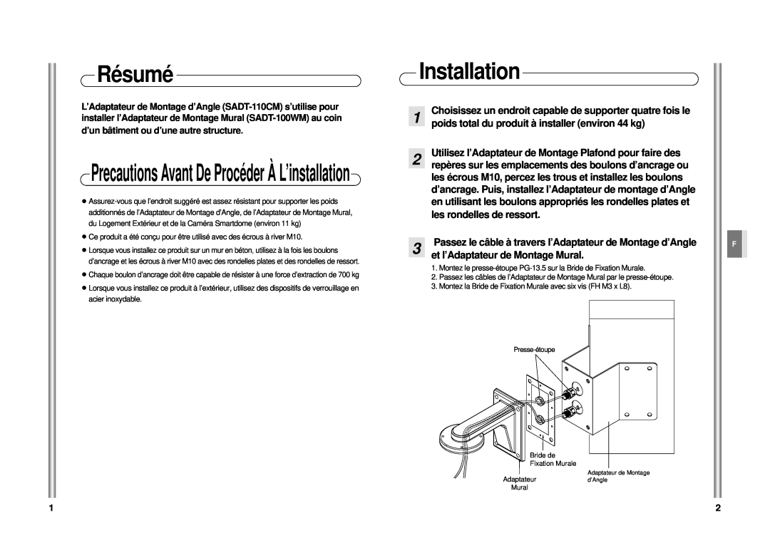 Samsung Sadt-110cm Résumé, Precautions Avant De Procéder À L’installation, les rondelles de ressort, Installation 