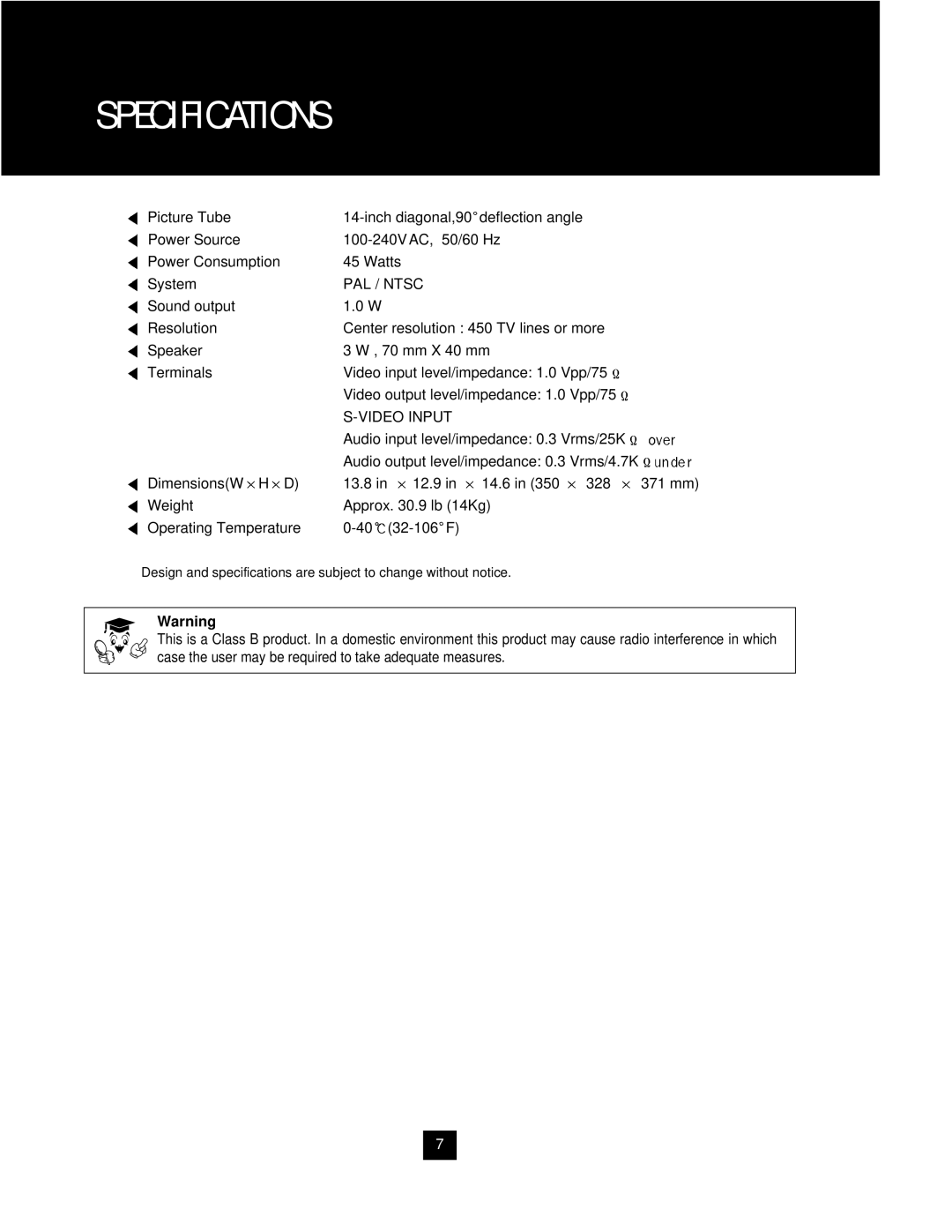 Samsung SAM-14MV manual Specifications, PAL / Ntsc 