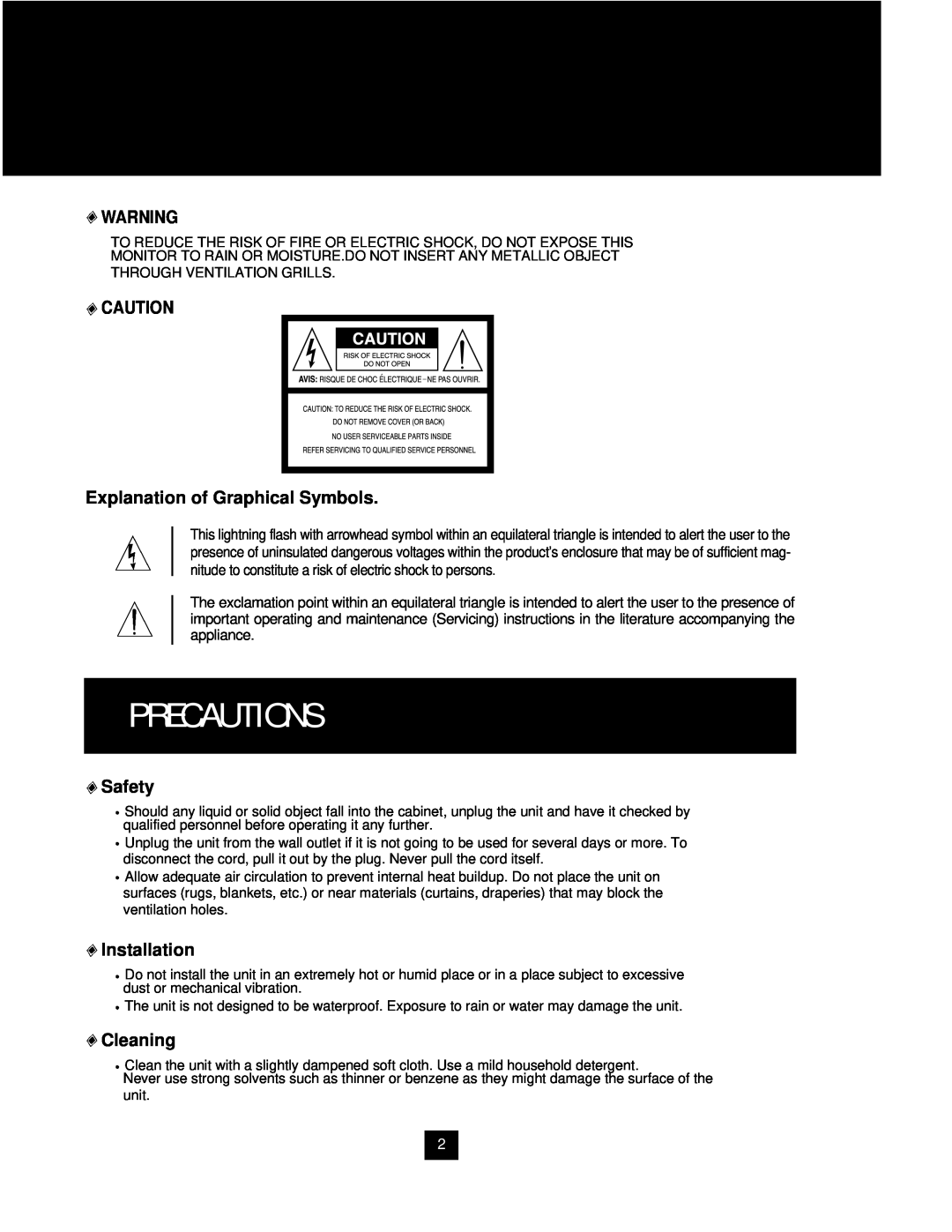 Samsung SAM-14MV manual Explanation of Graphical Symbols, Safety, Installation, Cleaning, Precautions 