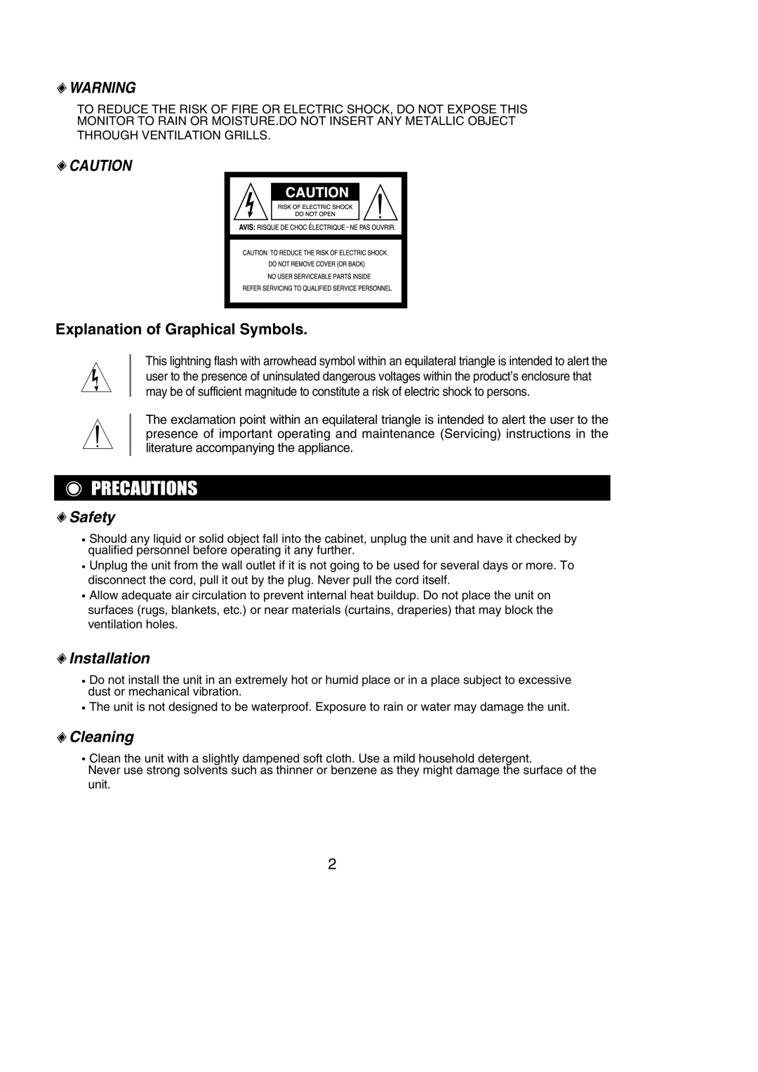 Samsung SAM-21M manual Precautions, Safety, Installation, Cleaning 