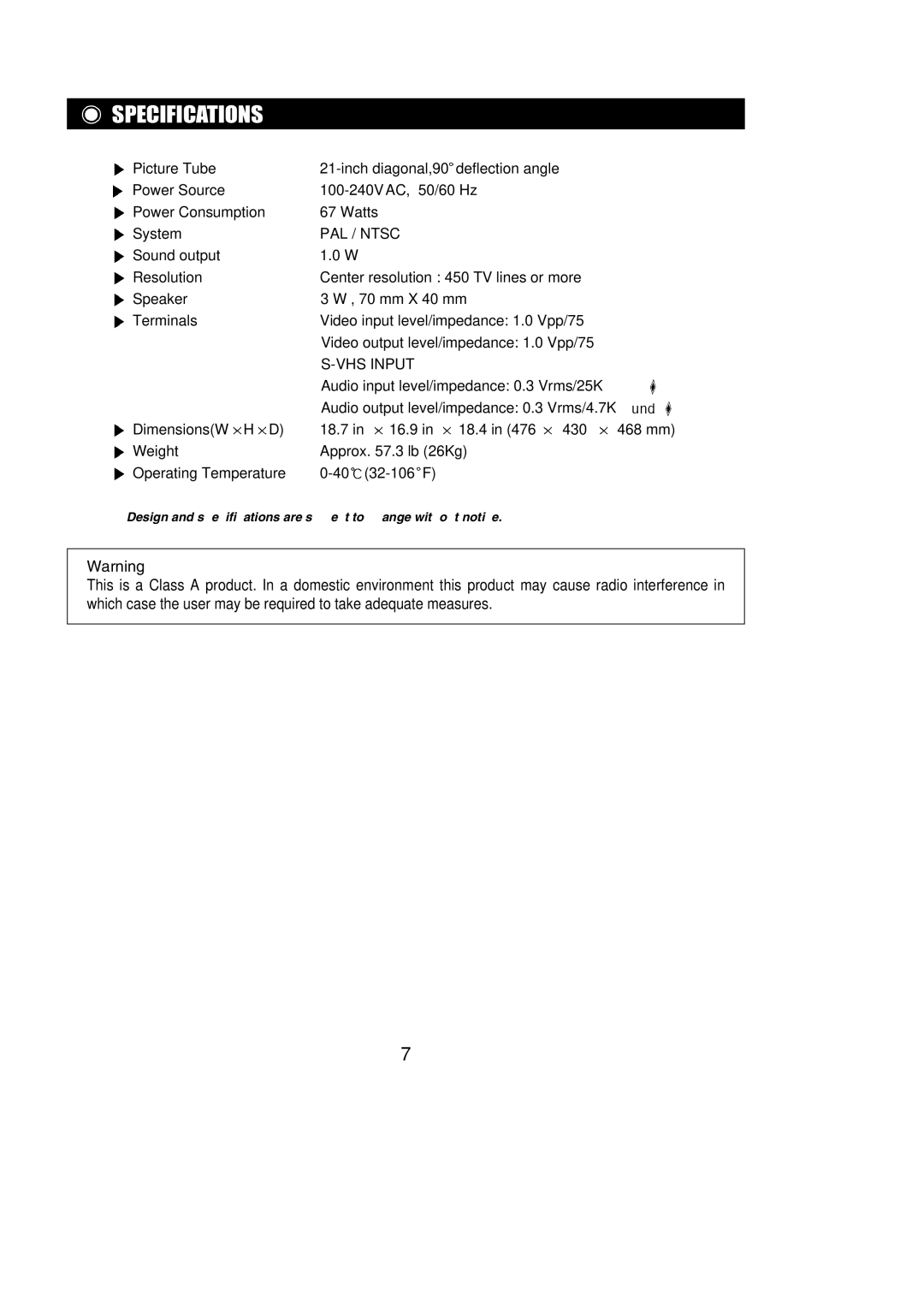 Samsung SAM-21M manual Specifications, PAL / Ntsc 