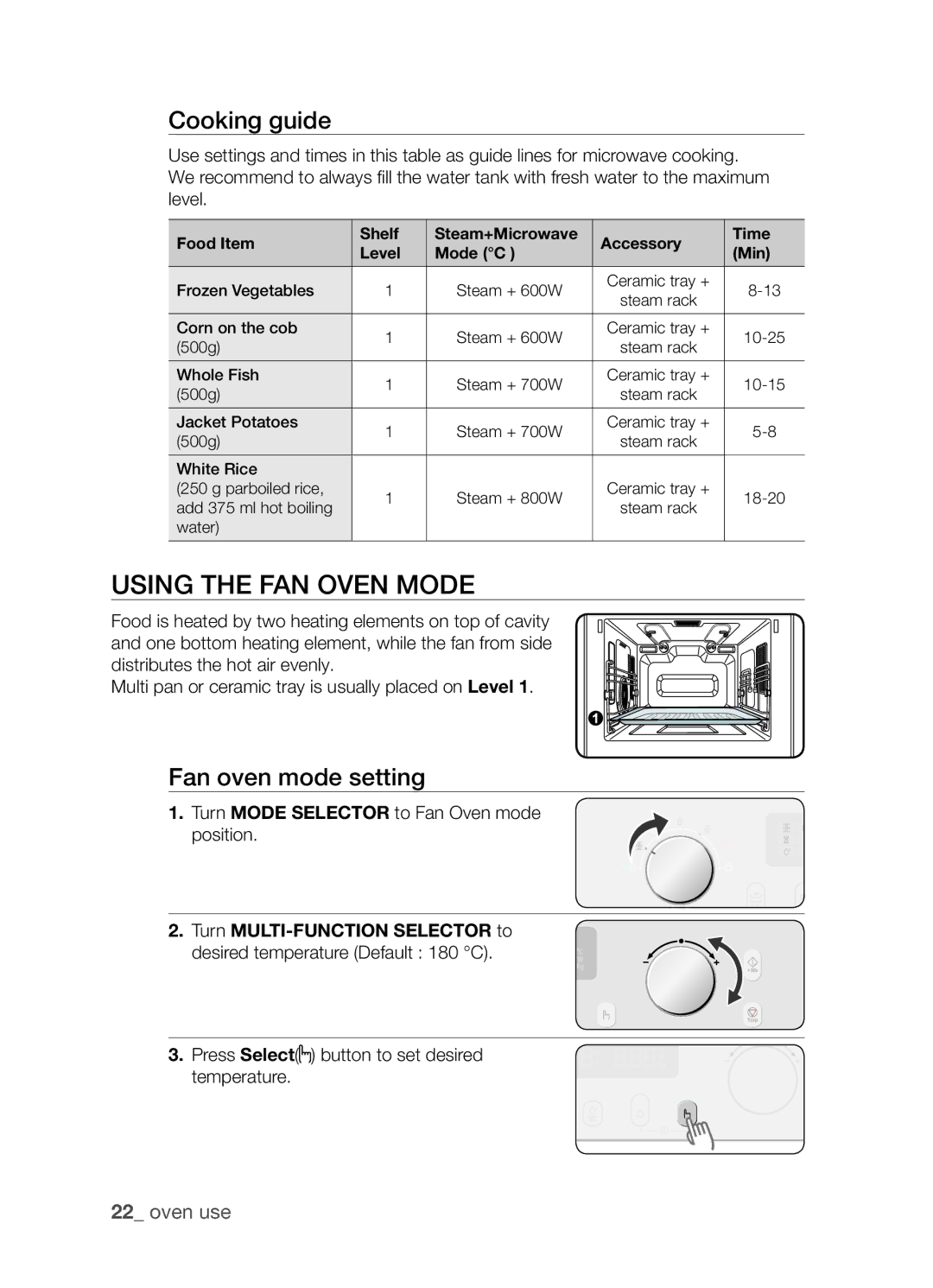 Samsung SAMI7/HAC manual Using the fan oven mode, Fan oven mode setting 