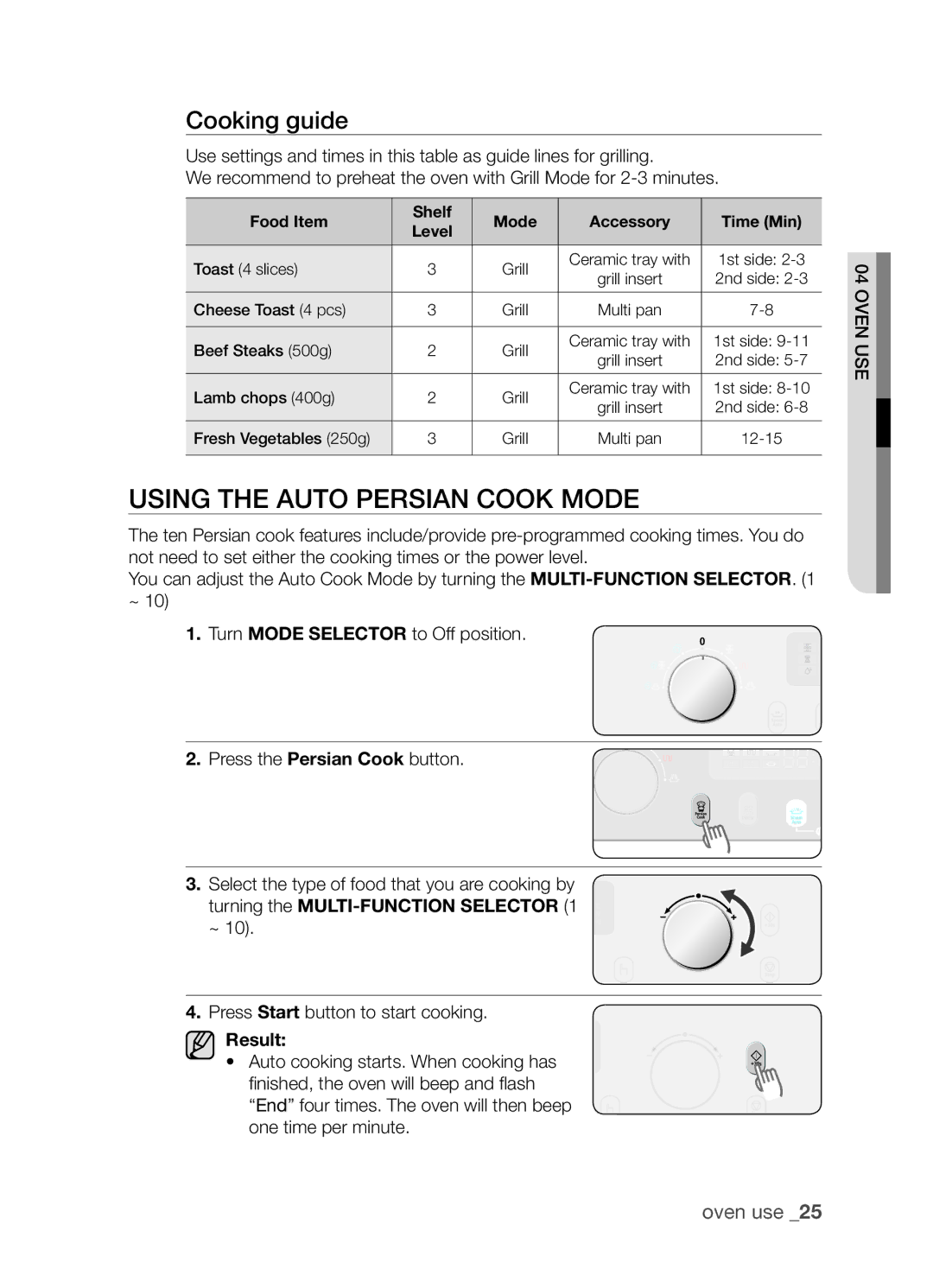 Samsung SAMI7/HAC manual Using the auto persian cook mode, Turning the MULTI-FUNCTION Selector 1 ~ 