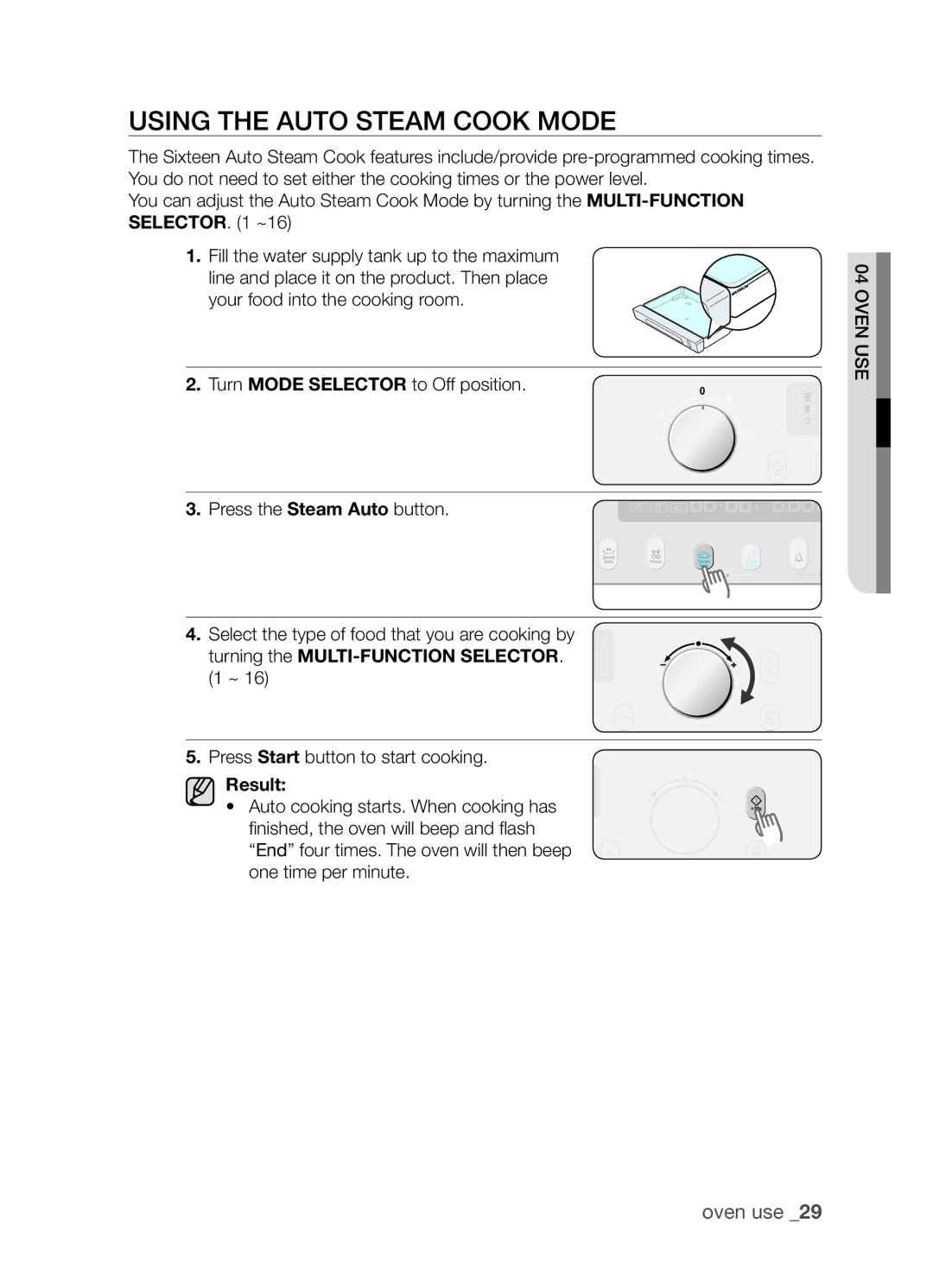 Samsung SAMI7/HAC manual Using the auto steam cook mode, Turning the MULTI-FUNCTION Selector ~ 