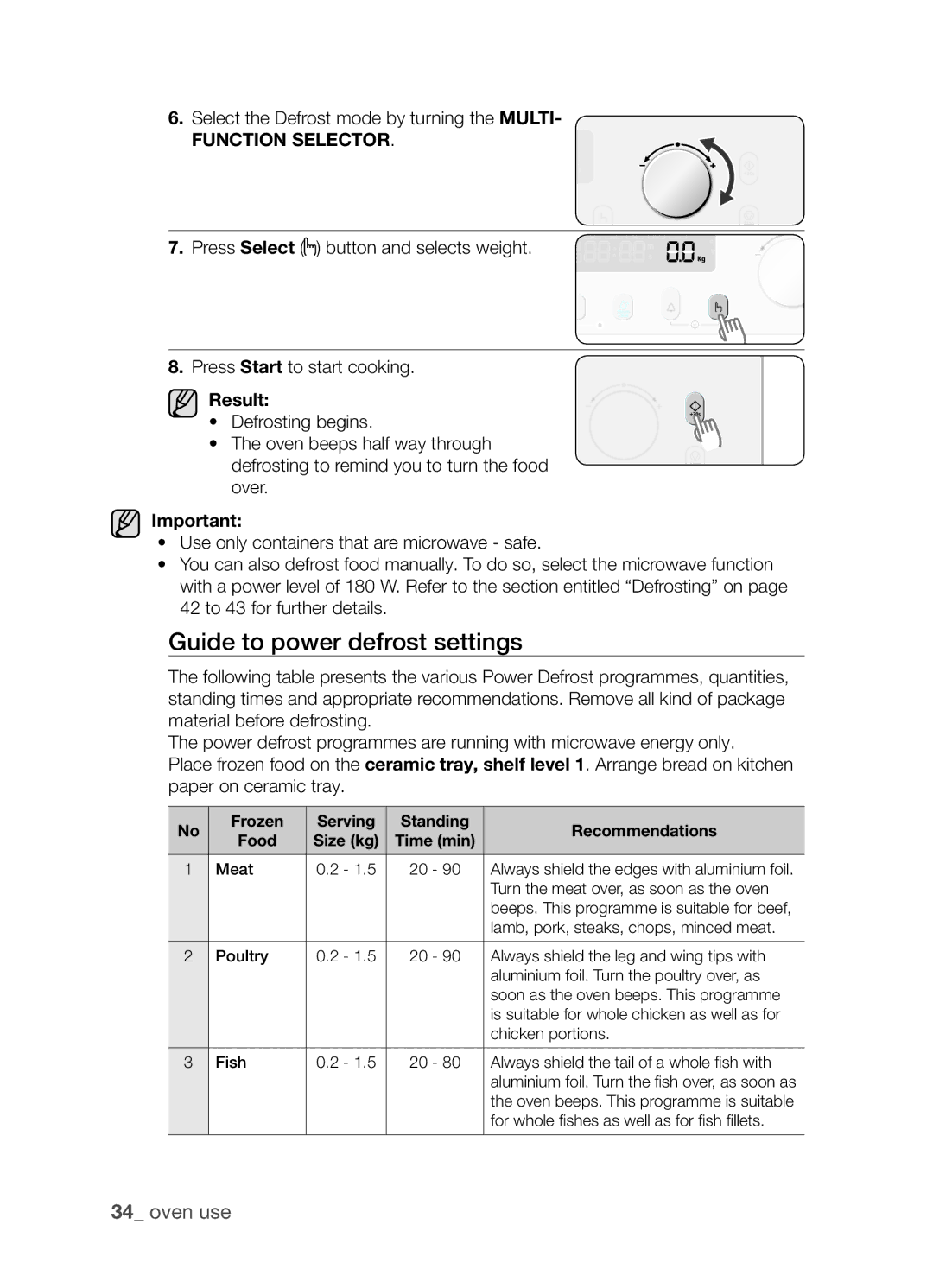 Samsung SAMI7/HAC manual Guide to power defrost settings, Frozen Serving Standing Recommendations 